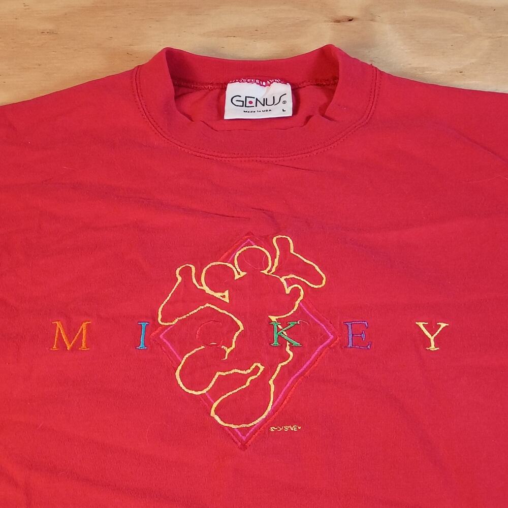 Vintage Genus Mickey Mouse T-Shirt Size L Red Embroidered Logo Made in USA 90s